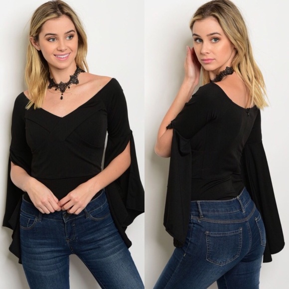 solaris Tops - Solaris black off-shoulder flare sleeve bodysuit